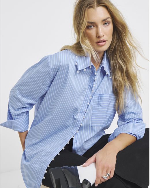 Simply Be Blue Stripe Shirt With Pearl Trim Detailing