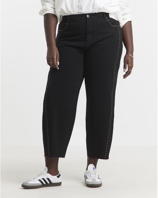 Simply Be Black Side Studded Barrel Jeans