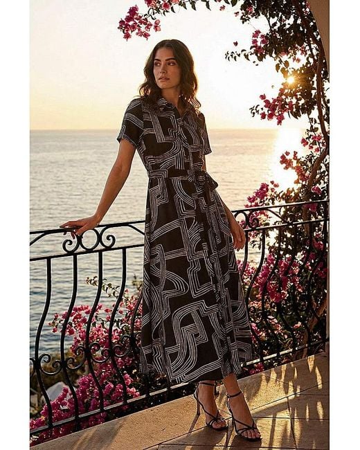 Roman Black Roman Geo Linear Print Shirt Midi Dress