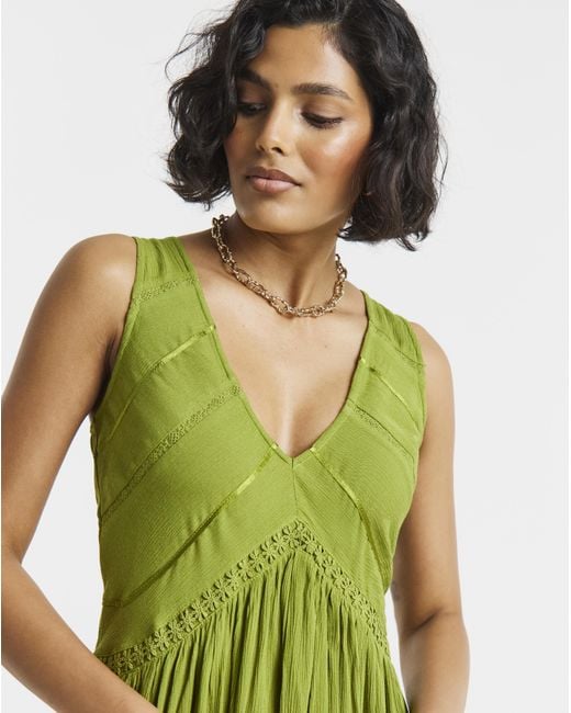 Simply Be Green Crinkle Smock Dress With Ladder Trim