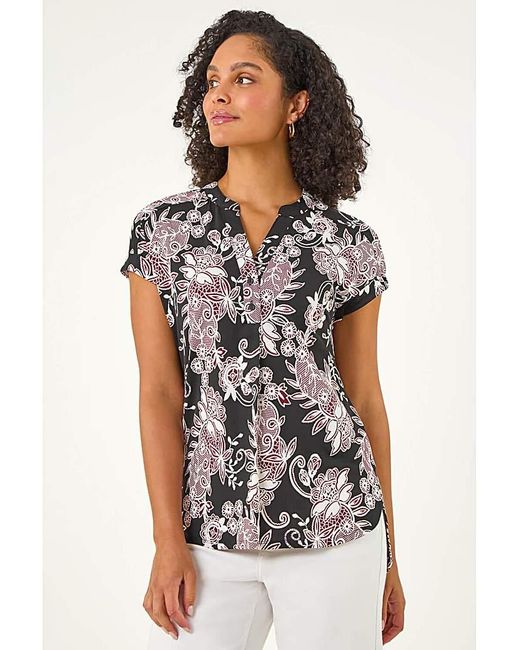 Roman White Roman Floral Puff Print Lace Stretch Top