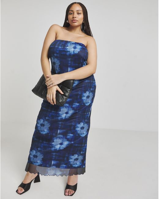 Simply Be Blue Printed Mesh Bandeau Maxi Dress