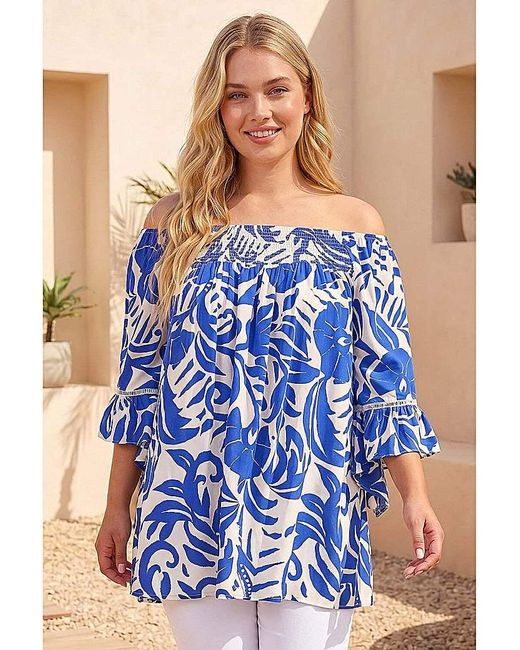 Roman Curve Blue Printed Bardot Top