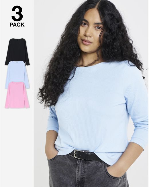 Simply Be White 3 Pack Long Sleeve Rib Tops
