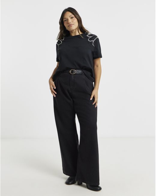 Simply Be Black Diamante Shoulder Detail T-Shirt