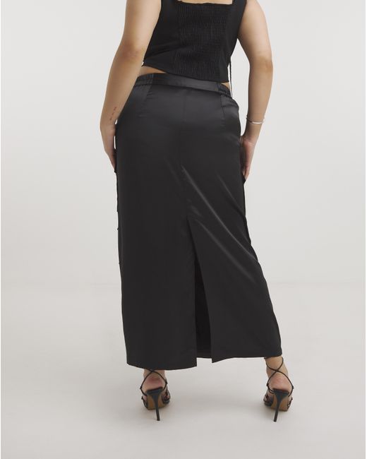 Simply Be Black Satin Cargo Midaxi Skirt