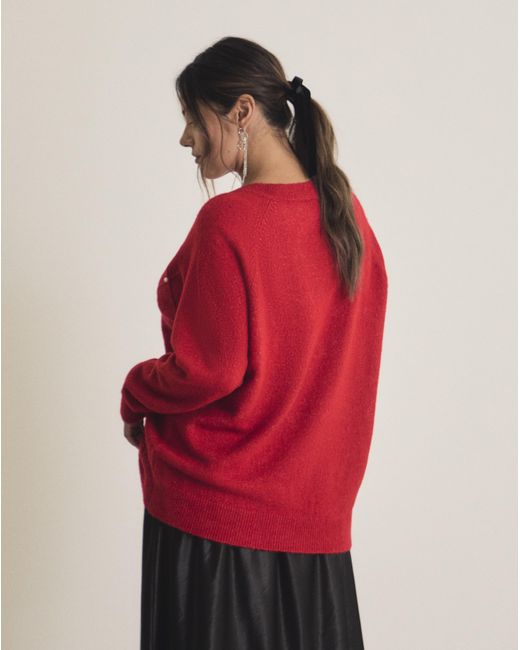 Simply Be Red V-Neck Pearl Cable Knit Jumper