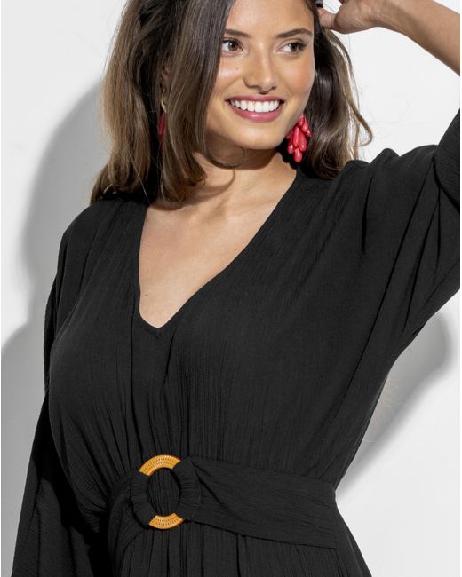 Pour Moi Black Crinkle O Ring Midi Beach Kaftan