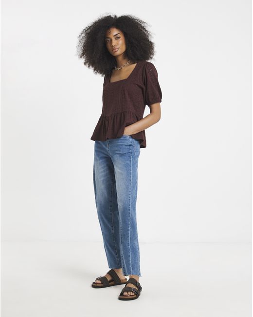 Simply Be Brown Stretch Broderie Square Neck Peplum