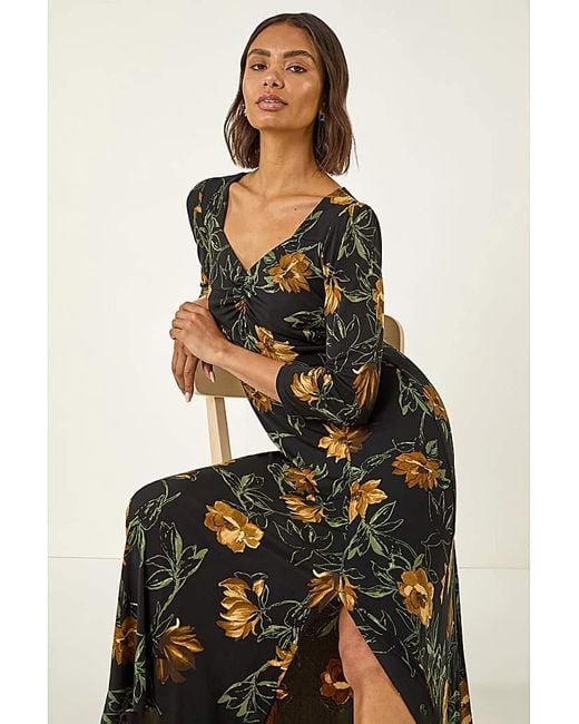 Roman White Roman Floral Ruched Stretch Midi Dress