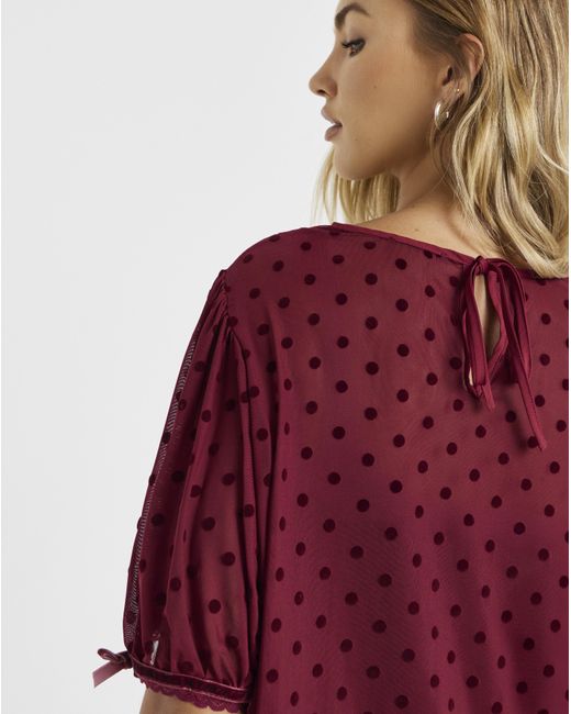 Simply Be Red Lace Mesh Puff Sleeve Top