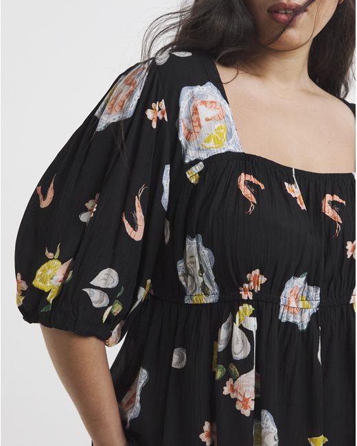Simply Be Black Multi Print Shirred Peplum Top