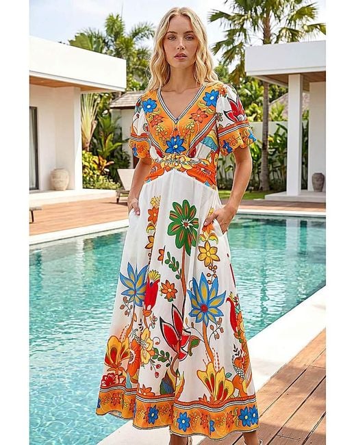 Roman Green Roman Floral Border Ruched Midi Dress