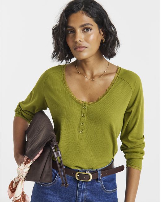 Simply Be Green Ribbed Lace Ls Henley