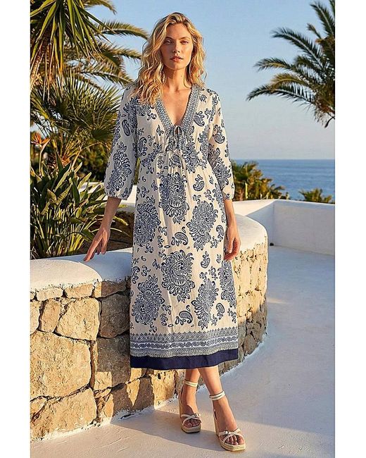 Roman Gray Roman Border Print V-Neck Midi Dress