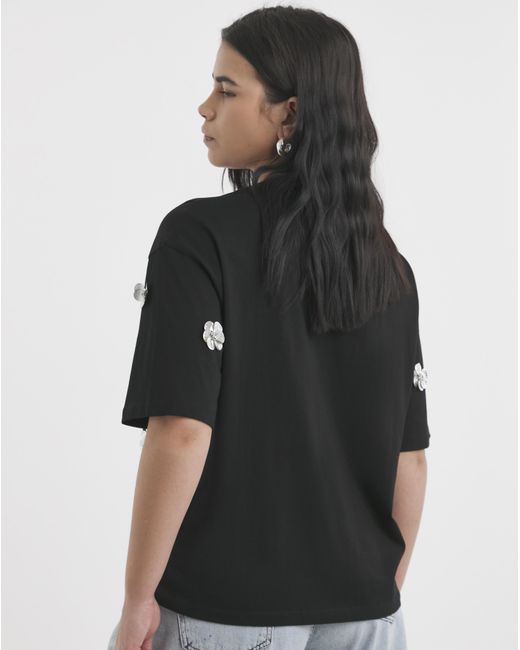 Simply Be Black Embellished Flower Tee