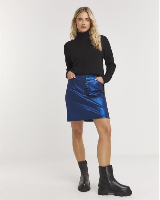 Simply Be Blue Exposed Button Metallic Mini Skirt