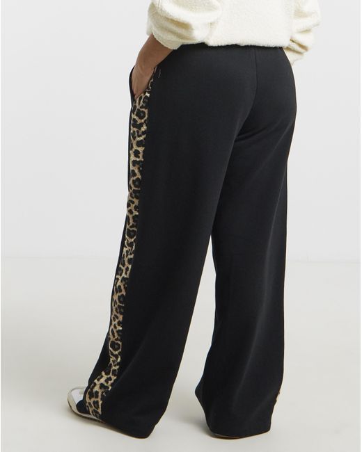Simply Be Black Wide Leg Leopard Side Stripe Joggers