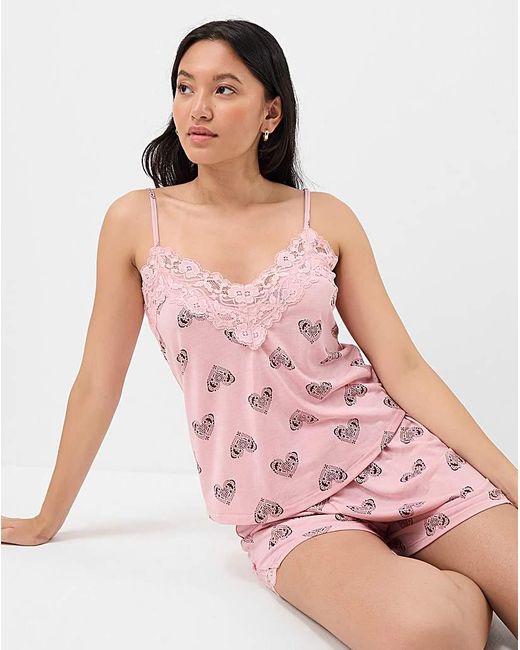 Accessorize Pink Heart Print Lace Pyjamas Set