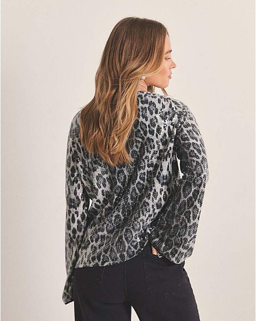 Simply Be Gray Simply Leopard Printed Sequin Blouse