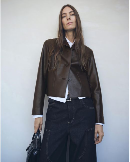 Mango Blue Faux Leather Collared Jacket