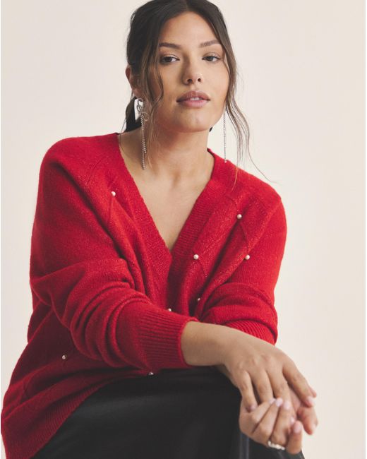 Simply Be Red V-Neck Pearl Cable Knit Jumper