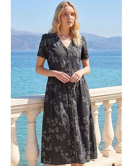 Roman Blue Roman Floral Denim Shirt Dress
