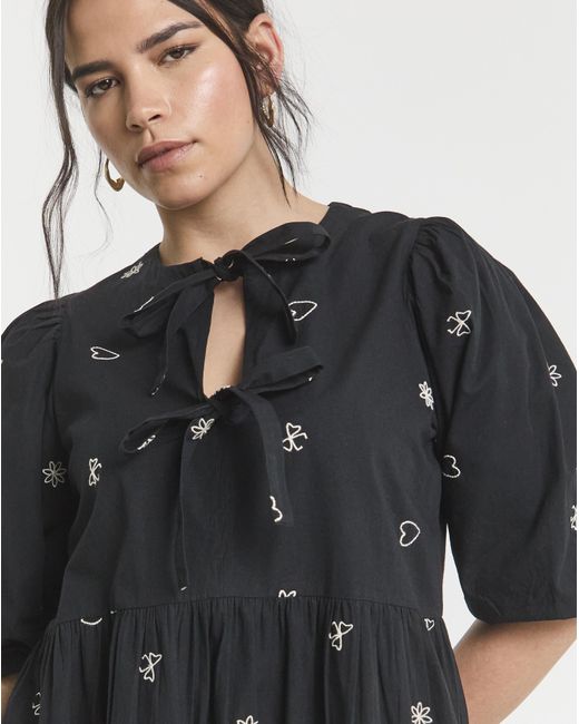 Simply Be Black Bow Embroidered Midi Dress