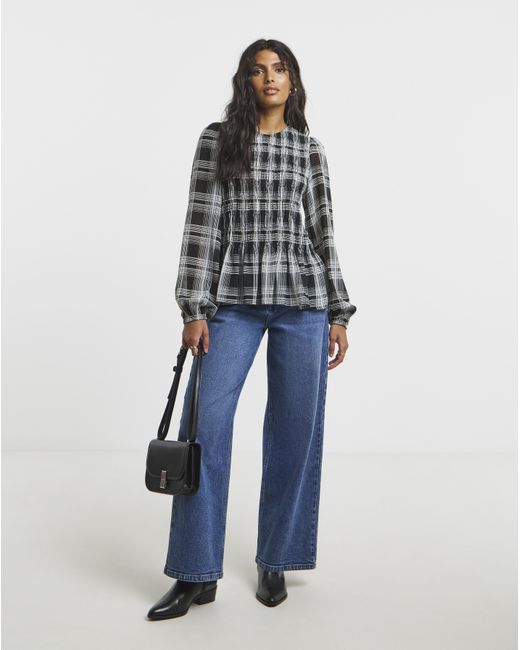 Simply Be Blue Check Shirred Seersucker Blouse