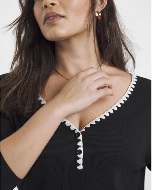 Simply Be Black Ribbed Henley Top With Whipstitching