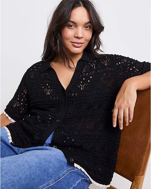 Simply Be Black Pointelle Collared Knit Top