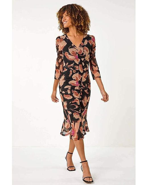 Roman White Roman Ruched Floral Frill Dress