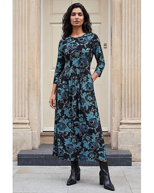 Roman Blue Roman Floral Gathered Stretch Midi Dress