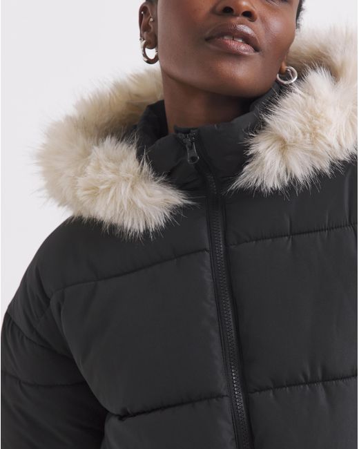 Simply Be Blue Fur Trim Longline Padded Coat