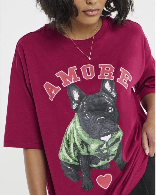 Simply Be Pink Dog Oversized Graphic T-Shirt