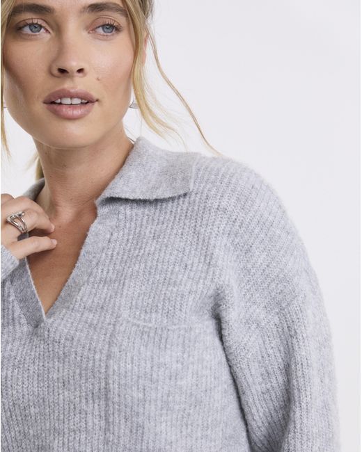 Simply Be Gray V-Neck Collared Jumper