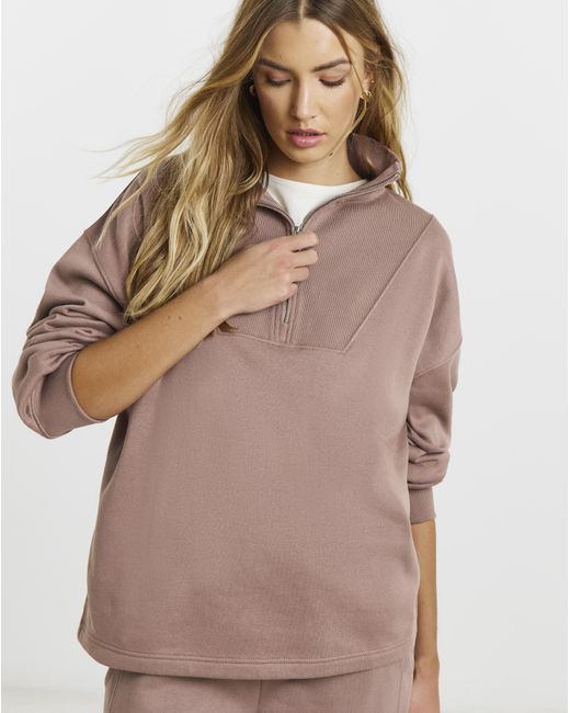 Simply Be Brown 1/4 Zip Sweatshirt With Rib Panel