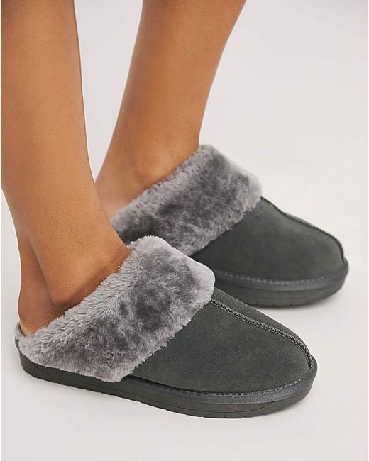 Simply Be Gray Faux Fur Lined Suede Mule Slipper Exwide