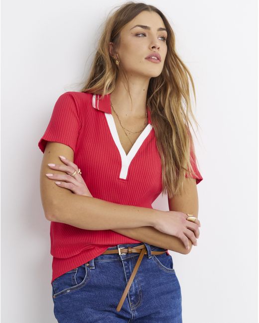 Simply Be Red Polo Collar Short Sleeve Top