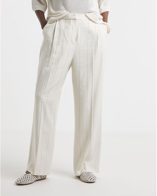 Simply Be White Pinstripe Linen Blend Wide Leg Trouser