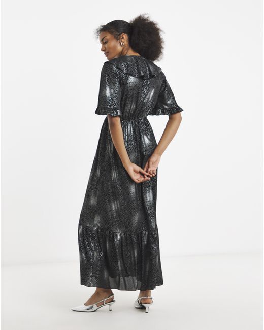 Flounce London Black Foil Ruffle Maxi Dress
