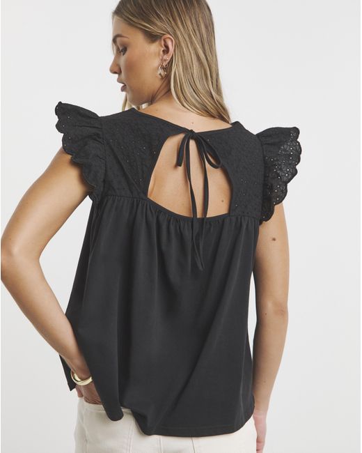 Simply Be Black Broderie Frill Sleeve Top With Tie