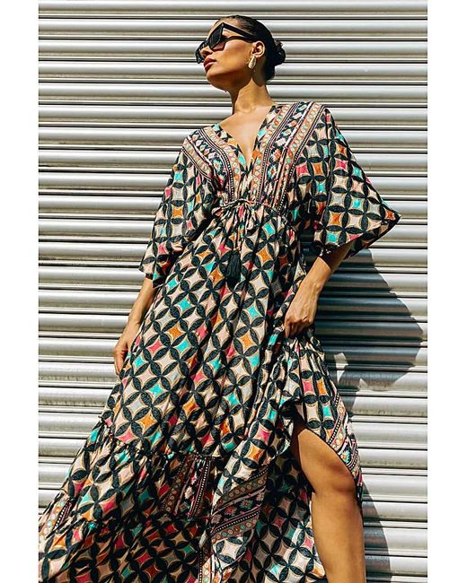 Roman Multicolor Roman Geo Print V-Neck Frill Maxi Dress