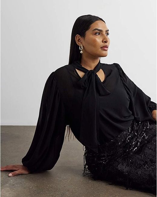 Joanna Hope Blue Chiffon Tie Neck Blouse