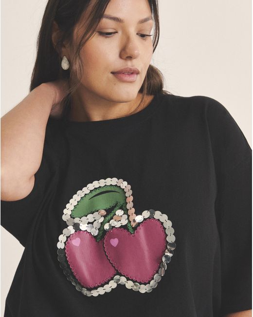 Simply Be Blue Flocked Embellished Cherries Tee