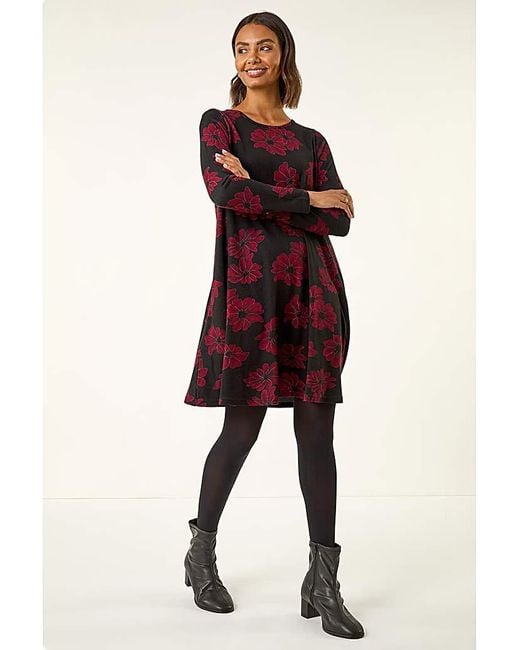 Roman Red Roman Floral Print Stretch Swing Dress
