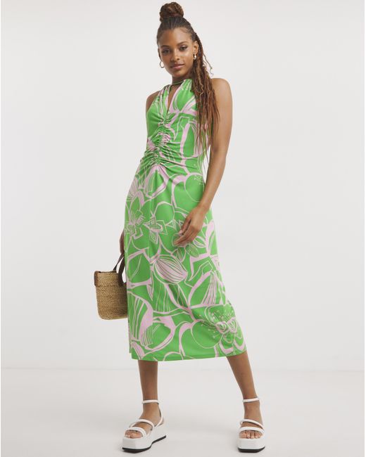 Simply Be Green Sbe Tropical Ruched Front Midi Dress