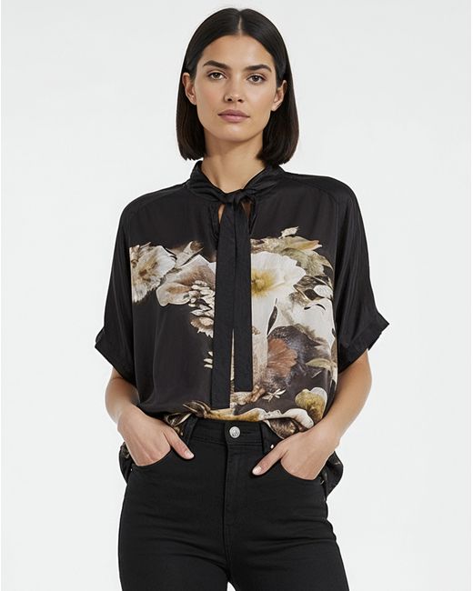 Religion Black Tie Neck Floral Graphic Blouse