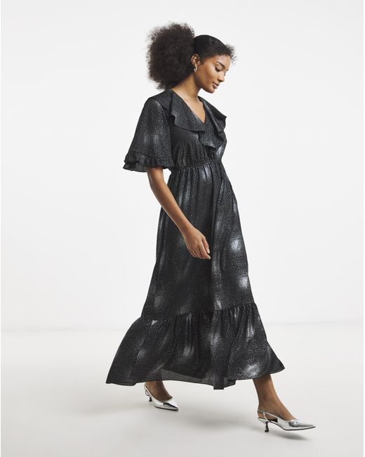 Flounce London Black Foil Ruffle Maxi Dress