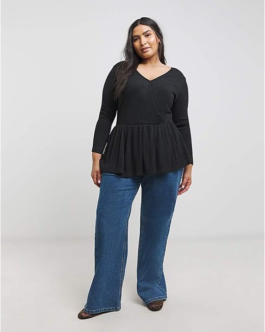 Simply Be Black Ribbed Soft Touch Mock Wrap Top